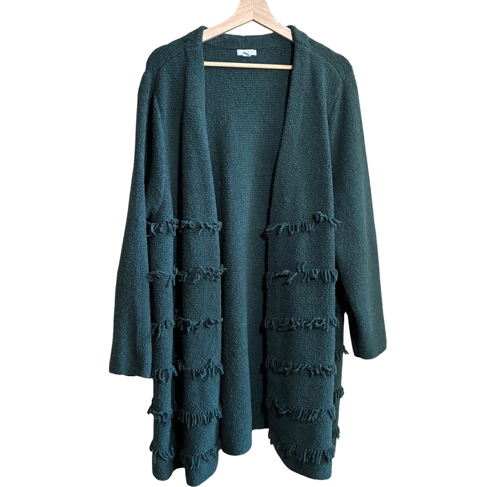 J. Jill Fringe Tiered Open Front Cardigan 2X Green Women Cotton Blend Knit